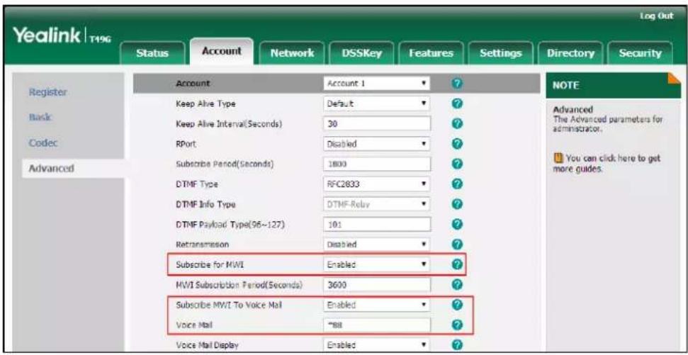Yealink T49G Log Out Status Account Network DSSKey Features Settings Directory Security Account Account 1 ? Account Keep Alive Type Default ? Keep Alive Interval(Seconds) 30 ? RPort Disabled ? Subscribe Period(Seconds) 1800 ? DTMF Type RFC2833 ? DTMF Info Type DTMF-Relay ? DTMF Payload Type(95~127)…