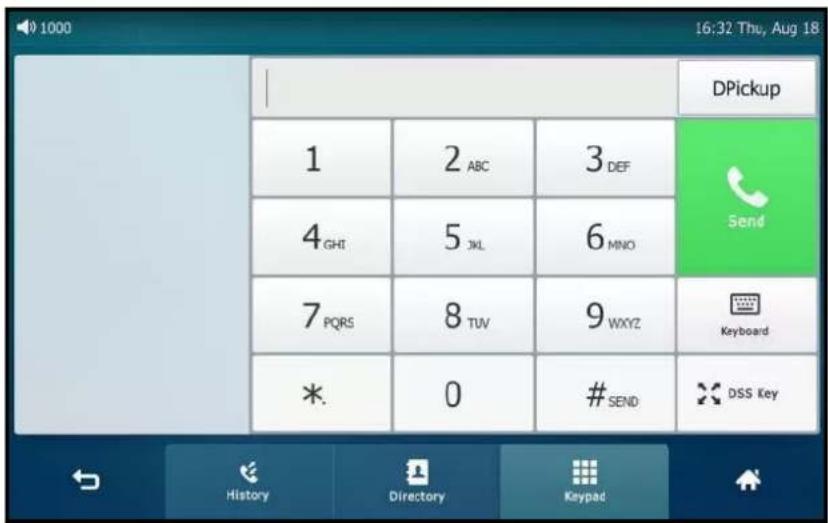 16:32 Thu, Aug 18 DPickup 1 2 ABC 3 DEF 4 GHT 5 JKL 6 MNO 7 PQRS 8 TUV 9 WXYZ * 0 # SEND × DSS Key History Directory Keypad