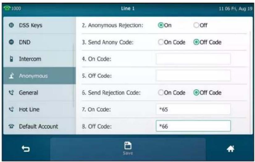 1000 Line 1 11 06 Fri, Aug 19 DSS Keys 2. Anonymous Rejection: On Off DND 3. Send Anony Code: On Code Off Code Intercom 4. On Code: Anonymous 5. Off Code: General 6. Send Rejection Code: On Code Off Code Hot Line 7. On Code: *65 Default Account 8. Off Code: *66