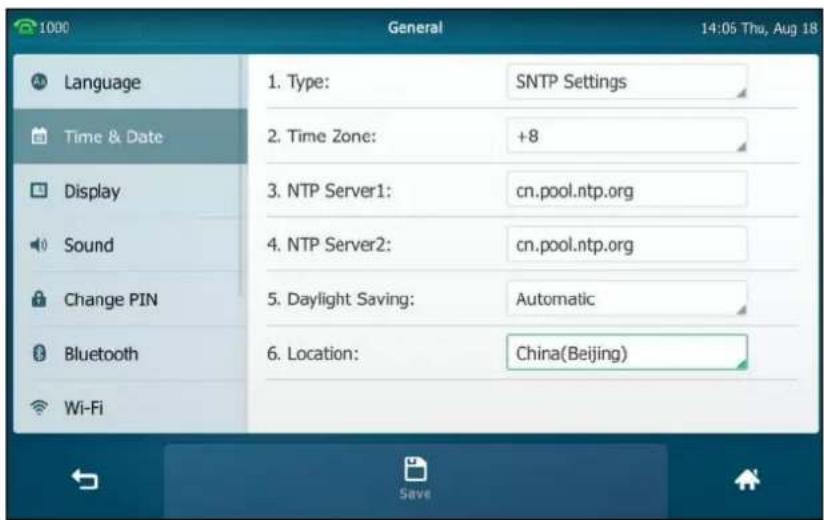 1000 General 14:05 Thu, Aug 18 Language Time & Date Display Sound Change PIN Bluetooth Wi-Fi 1. Type: SNTP Settings 2. Time Zone: +8 3. NTP Server1: cn.pool.ntp.org 4. NTP Server2: cn.pool.ntp.org 5. Daylight Saving: Automatic 6. Location: China(Beijing)