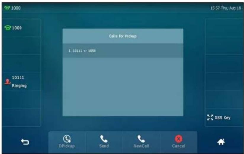 1000 15:57 Thu, Aug 18 1000 10111 Ringing Calls for Pickup 1. 10111 ← 1058 DSS Key DPickup Send NewCall Cancel