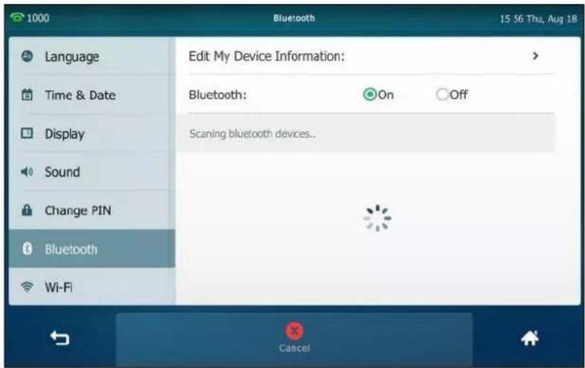 1000 Language Time & Date Display Sound Change PIN Bluetooth Wi-Fi Edit My Device Information: Bluetooth: On Off Scanning bluetooth devices.. Cancel