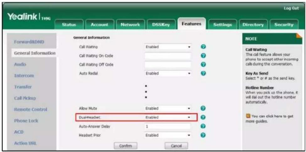 Yealink | T496 Log Out Status Account Network DSSKey Features Settings Directory Security Forward&DND General Information Call Waiting Enabled ? Call Waiting On Code ? Call Waiting Off Code ? Auto Redial Enabled ? Intercom Transfer • • • Call Pickup Allow Mute Enabled ? Remote Control Dual-Headset E…
