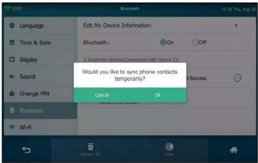 1000 Language Time & Date Display Sound Change PIN Bluetooth Wi-Fi Edit My Device Information: Bluetooth: On Off 2 bluetooth devices(Connected with Xperia Z): Would you like to sync phone contacts temporarily? Cancel OK