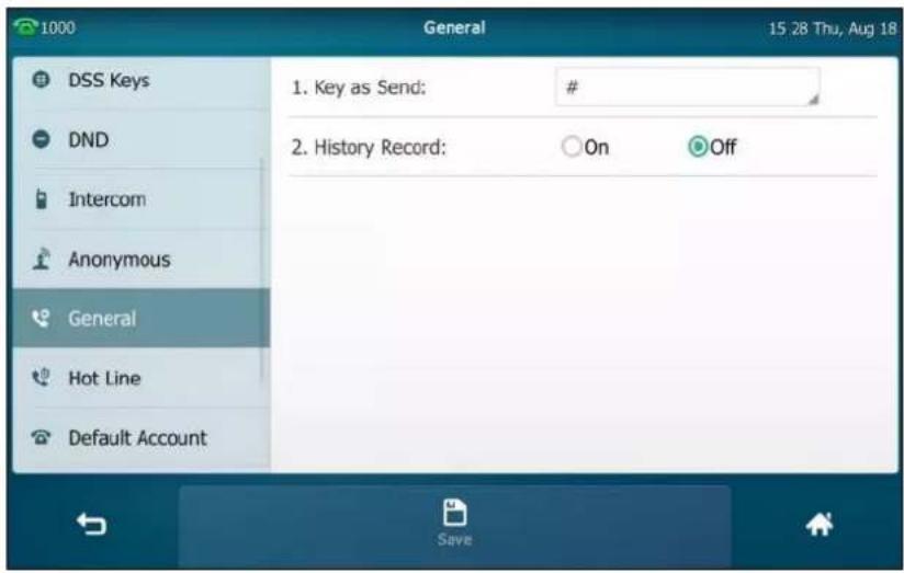 1000 General 15 28 Thu, Aug 18 DSS Keys DND Intercom Anonymous General Hot Line Default Account 1. Key as Send: # 2. History Record: On Off