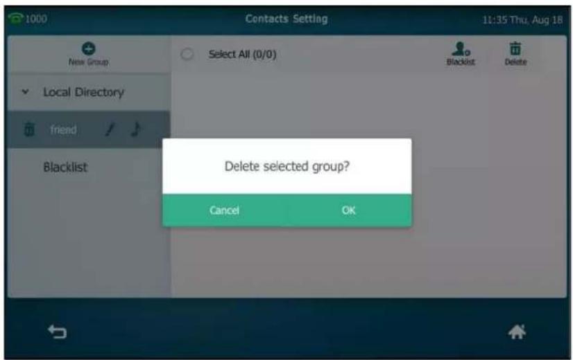 Contacts Setting 11:35 Thu, Aug 18 New Group Select All (0/0) Blacklist Delete Local Directory friend Blacklist Delete selected group? Cancel OK