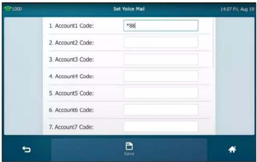 1000 Set Voice Mail 14:07 Fri, Aug 19 1. Account1 Code: *88 2. Account2 Code: 3. Account3 Code: 4. Account4 Code: 5. Account5 Code: 6. Account6 Code: 7. Account7 Code: