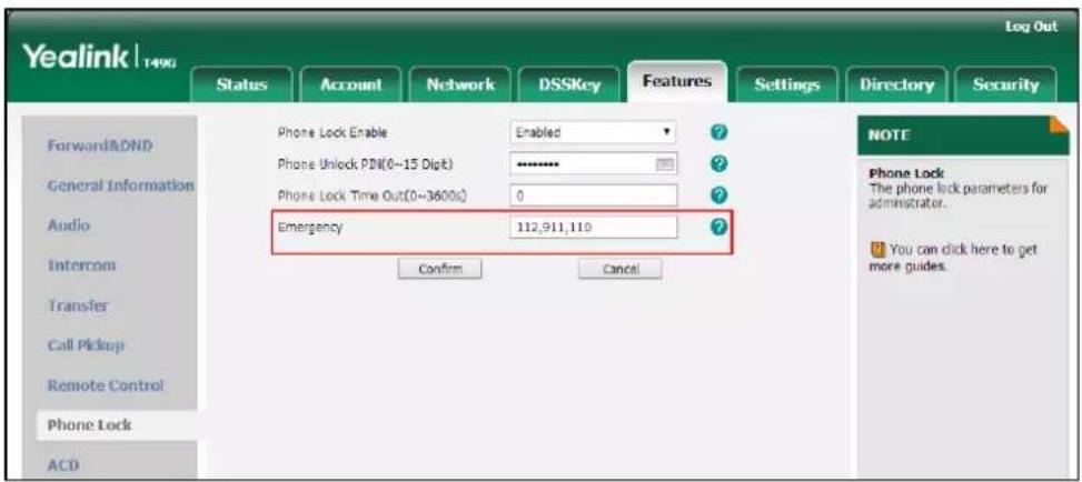 Yealink | 1490 Log Out Status Account Network DSSKey Features Settings Directory Security Forward&DND General Information Audio Intercom Transfer Call Pickup Remote Control Phone Lock ACD Phone Lock Enable Enabled ? Phone Unlock PDN(0~15 Digit) ******** ? Phone Lock Time Out(0~3600s) 0 ? Emergency 1…