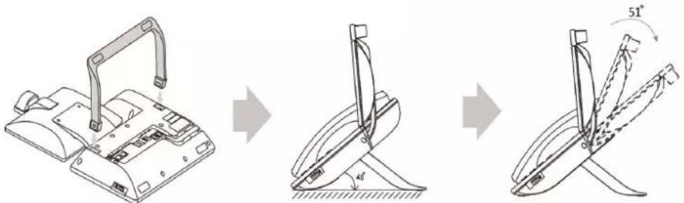 Technical diagram illustrating the step-by-step assembly of a mechanical device, showing angle change from 46° to 51°.