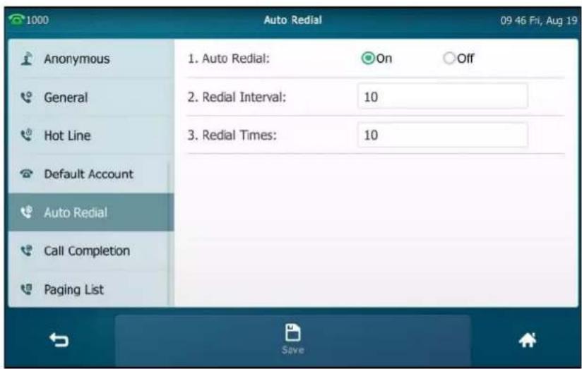 1000 Auto Redial 09 46 Fri, Aug 19 Anonymous General Hot Line Default Account Auto Redial Call Completion Paging List 1. Auto Redial: On Off 2. Redial Interval: 10 3. Redial Times: 10