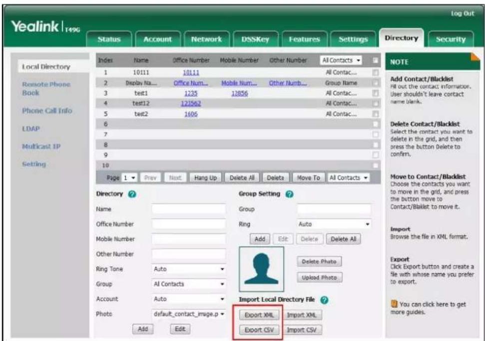 Yealink T496 Log Out Status Account Network DSSKey Features Settings Directory Security Index Name Office Number Mobile Number Other Number All Contacts 1 10111 10111 All Contac... 2 Display Na... Office Num... Mobile Num... Other Numb... Group Name 3 test1 1235 12856 All Contac... 4 test12 121562 A…