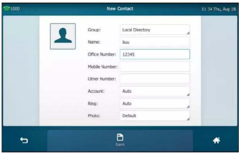 1000 New Contact 11 34 Thu, Aug 18 Group: Local Directory Name: liuu Office Number: 12345 Mobile Number: Other Number: Account: Auto Ring: Auto Photo: Default