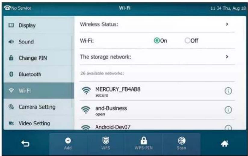 No Service Wi-Fi 11 34 Thu, Aug 18 Display Sound Change PIN Bluetooth Wi-Fi Camera Setting Video Setting Wireless Status: Wi-Fi: On Off The storage network: 26 available networks: MERCURY_FB4AB8 secure and-Business open Android-Dev07 Add WPS WPS-PIN Scan