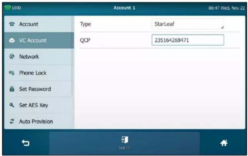 1000 Account 1 08:47 Wed, Nov 22 Account Type StarLeaf VC Account QCP 235164268471 Network Phone Lock Set Password Set AES Key Auto Provision