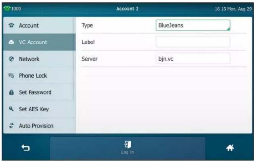 1000 Account 2 16 13 Mon, Aug 29 Account Type BlueJeans VC Account Label Network Server bjn.vc Phone Lock Set Password Set AES Key Auto Provision Log In