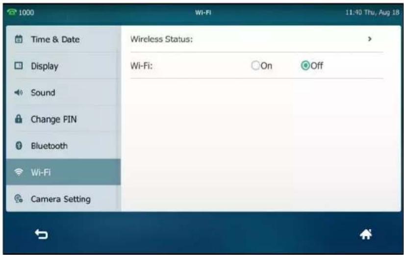 1000 Wi-Fi 11:40 Thu, Aug 18 Time & Date Display Sound Change PIN Bluetooth Wi-Fi Camera Setting Wireless Status: Wi-Fi: On Off