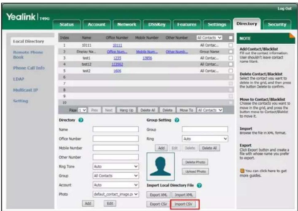 Yealink T49G Log Out Status Account Network DSSKey Features Settings Directory Security Index Name Office Number Mobile Number Other Number All Contacts 1 10111 10111 All Contac.. 2 Display Na... Office Num... Mobile Num ... Other Numb Group Name 3 test1 1235 12856 All Contac.. 4 test12 123552 All C…