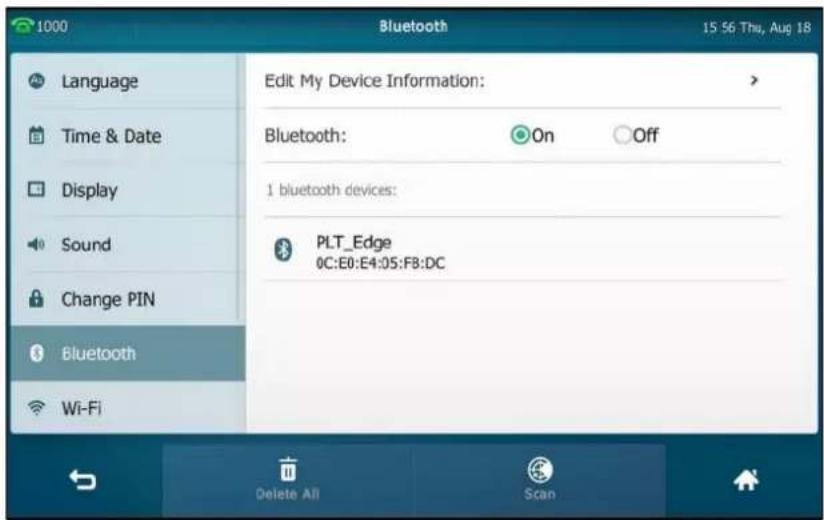 1000 Bluetooth 15:56 Thu, Aug 18 Language Time & Date Display Sound Change PIN Bluetooth Wi-Fi Edit My Device Information: Bluetooth: On Off 1 bluetooth devices: PLT_Edge 0C:E0:E4:05:F8:DC Delete All Scan