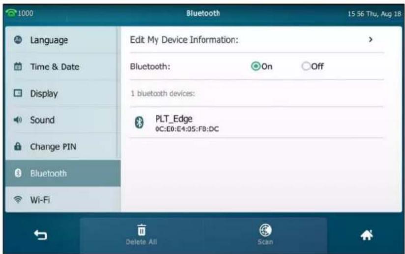 1000 Language Time & Date Display Sound Change PIN Bluetooth Wi-Fi Edit My Device Information: Bluetooth: On Off 1 bluetooth devices: PLT_Edge 0C:E0:E4:05:F8:DC Delete All Scan