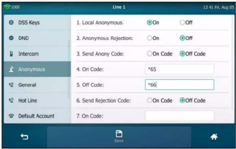 1000 Line 1 13:41 Fri, Aug 05 DSS Keys DND Intercom Anonymous General Hot Line Default Account 1. Local Anonymous: 2. Anonymous Rejection: 3. Send Anony Code: 4. On Code: 5. Off Code: 6. Send Rejection Code: 7. On Code: On On On Code: *65 *66 On Code: Off Off Code: