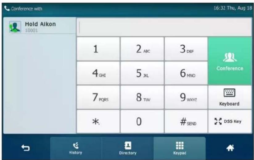 Conference with 16:32 Thu, Aug 18 Hold Aikon 10001 1 2 ABC 3 DEF Conference 4 GHI 5 JKL 6 MNO 7 PQRS 8 TUV 9WXYZ Keyboard *. 0 #SEND DSS Key History Directory Keypad