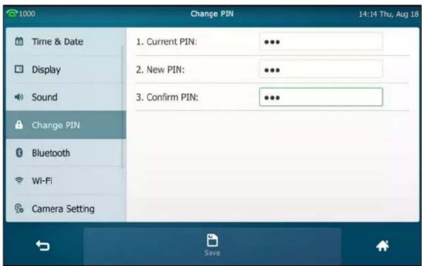 1000 Change PIN 14:14 Thu, Aug 18 Time & Date Display Sound Change PIN Bluetooth Wi-Fi Camera Setting 1. Current PIN: •••• 2. New PIN: •••• 3. Confirm PIN: ••••