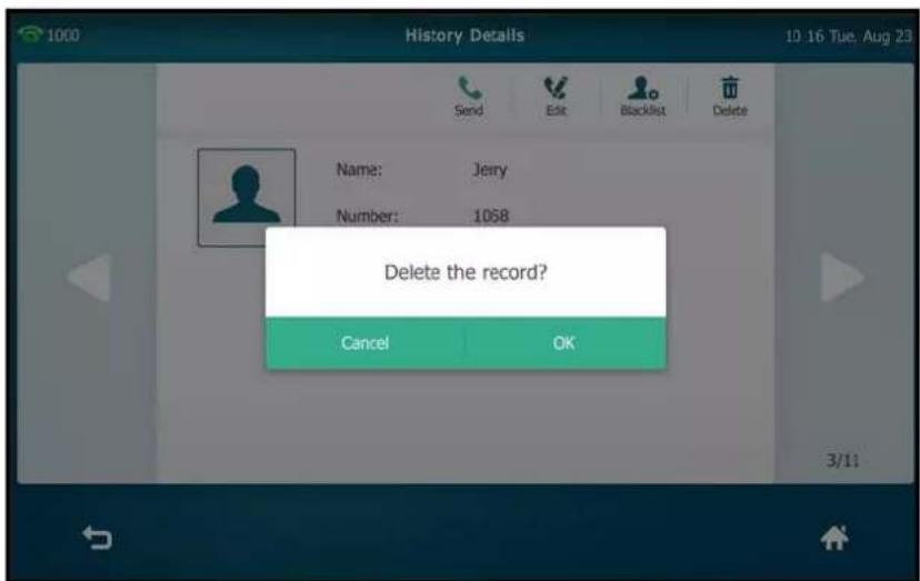 History Details 10:16 Tue, Aug 23 Send Edit Blacklist Delete Name: Jerry Number: 1058 Delete the record? Cancel OK