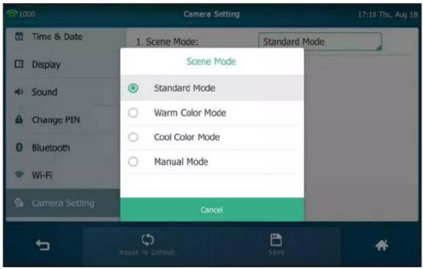 1000 Camera Setting Time & Date Display Sound Change PIN Bluetooth Wi-Fi Camera Setting 1. Scene Mode: Standard Mode Scene Mode Standard Mode Warm Color Mode Cool Color Mode Manual Mode Cancel Reset to Default Save