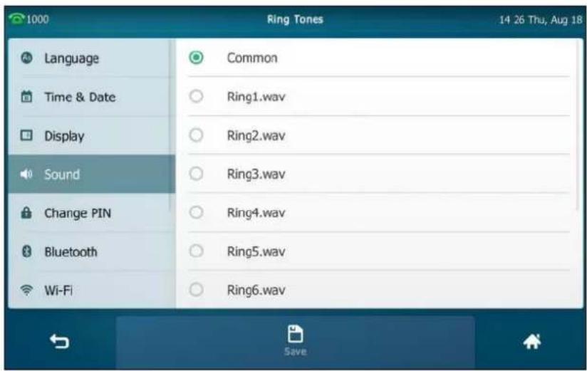 1000 Ring Tones 14 26 Thu, Aug 18 Language Time & Date Display Sound Change PIN Bluetooth Wi-Fi Common Ring1.wav Ring2.wav Ring3.wav Ring4.wav Ring5.wav Ring6.wav Save