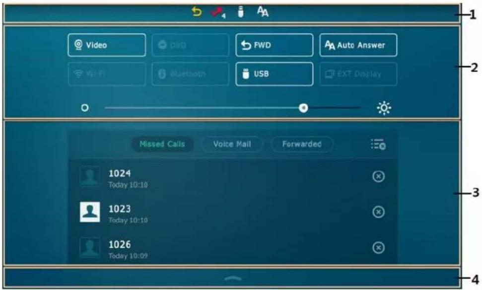 Video BWD FWD Auto Answer Wi-Fi Bluetooth USB EXT Display Missed Calls Voice Mail Forwarded 1024 Today 10:10 1023 Today 10:10 1026 Today 10:09 3 4