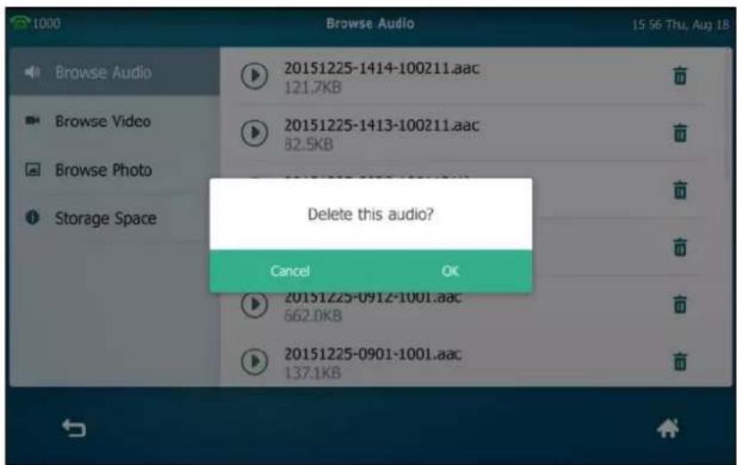 Browse Audio 15:56 Thu, Aug 18 Browse Audio 20151225-1414-100211.aac 121.7KB Browse Video 20151225-1413-100211.aac 82.5KB Browse Photo Storage Space Delete this audio? Cancel Ok 20151225-0912-1001.aac 662.0KB 20151225-0901-1001.aac 137.1KB