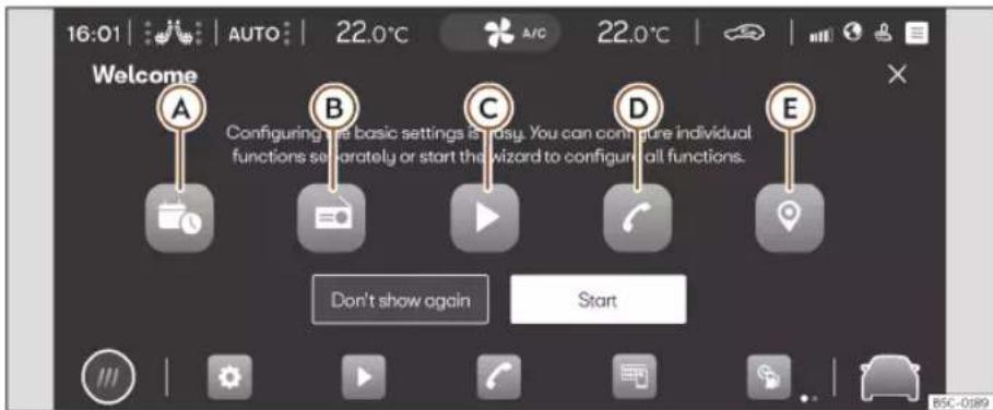 16:01 | AUTO | 22.0°C | 22.0°C | Welcome A B C D E Configuring the basic settings is easy. You can configure individual functions separately or start the wizard to configure all functions. Don't show again Start