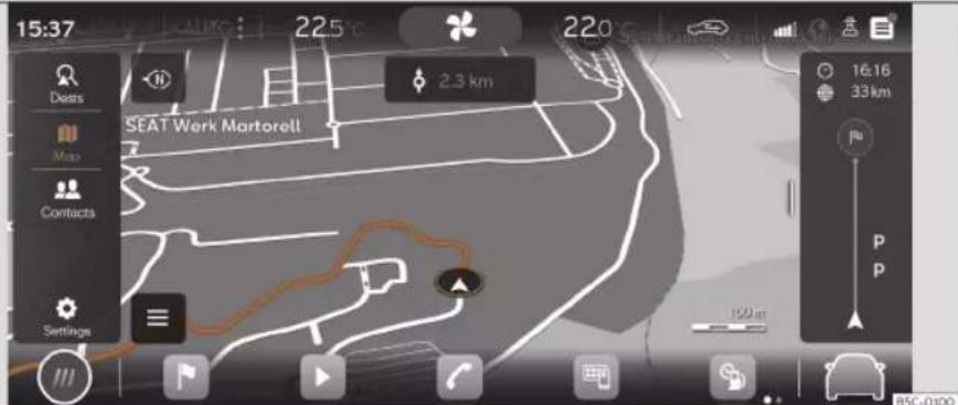 15:37 Auto: 22.5°C 220 Deats Map Contacts Settings SEAT Werk Martorell 2.3 km 16:16 33 km P P 100 m BSC-0100
