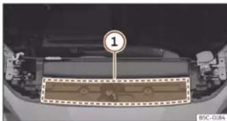 Close-up of a car's front grille with a circular traffic sign and decorative pattern (no readable text or symbols)
