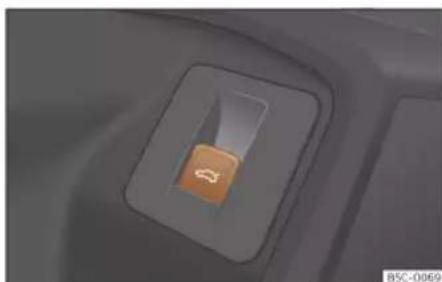 Close-up of a car's front panel with a small orange button labeled 'S' (no text or symbols on the button itself)