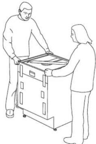 Dessin au trait de deux personnes manipulant un gros appareil sur un chariot (sans texte ni symboles)