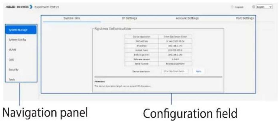 ASLS BUSINESS EASTWARI ESP13 System Info IP Settings Account Settings Part settings System Manage System Config UAN OS Security Tools System Information Device description: 1.0m Cte Smart Switch MAC address: 31 sec/0.28.00.7x IP address: 261.148.1.175 Subtotal port: 253.025.375.8 Default ports: 261.…