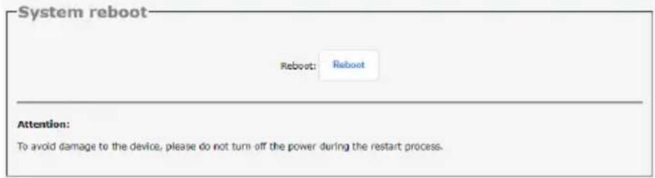 System reboot Reboot: Reboot Attention: To avoid damage to the device, please do not turn off the power during the restart process.
