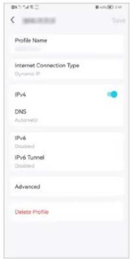 Profile Name. Internet Connection Type: Dynamic IP. IPv4. DNS: Automatic. IPv6: Disabled. IPv6 Tunnel: Disabled. Advanced. Delete Profile.