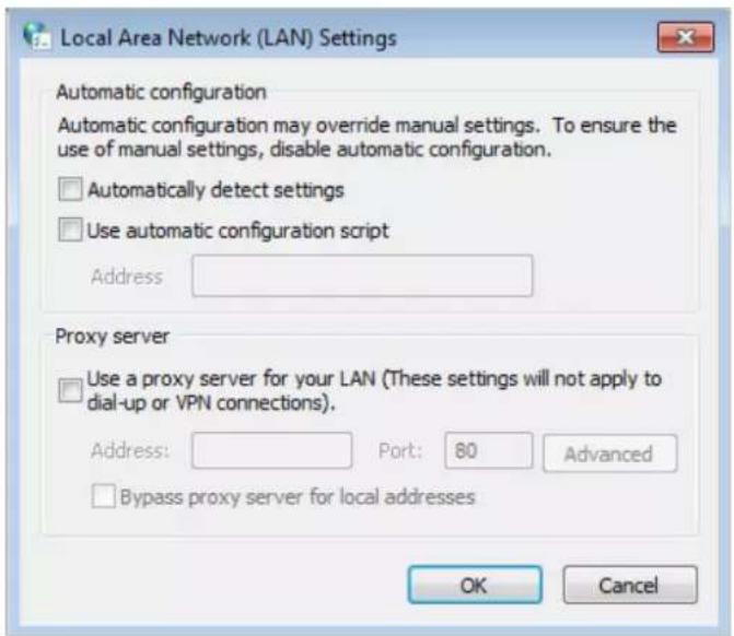 Local Area Network (LAN) Settings Automatic configuration Automatic configuration may override manual settings. To ensure the use of manual settings, disable automatic configuration. □ Automatically detect settings □ Use automatic configuration script Address Proxy server □ Use a proxy server for yo…