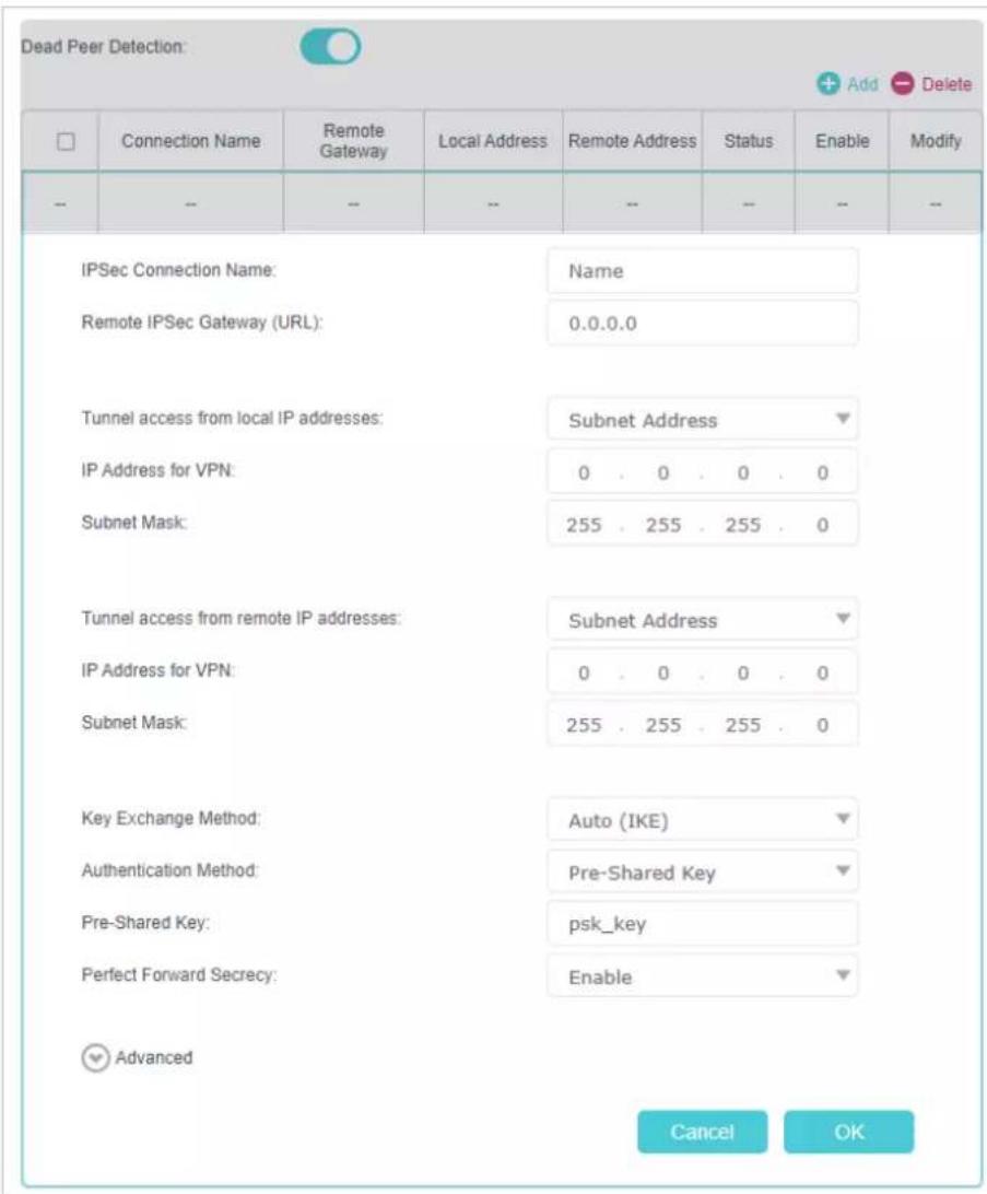 Dead Peer Detection: Connection Name, Remote Gateway, Local Address, Remote Address, Status, Enable, Modify. IPSec Connection Name: Name. Remote IPSec Gateway (URL): 0.0.0.0. Tunnel access from local IP addresses: Subnet Address. IP Address for VPN: 0 . 0 . 0 . 0. Subnet Mask: 255 . 255 . 255 . 0. T…