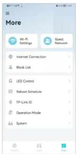 More: Wi-Fi Settings, Guest Network, Internet Connection, Block List, LED Control, Reboot Schedule, TP-Link ID, Operation Mode, System