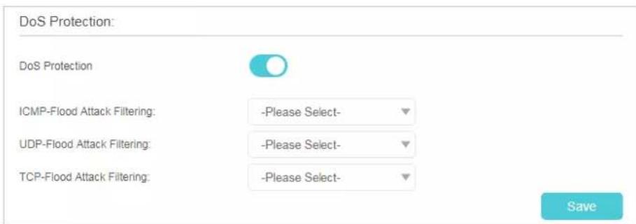 DoS Protection: DoS Protection ICMP-Flood Attack Filtering: -Please Select- UDP-Flood Attack Filtering: -Please Select- TCP-Flood Attack Filtering: -Please Select- Save