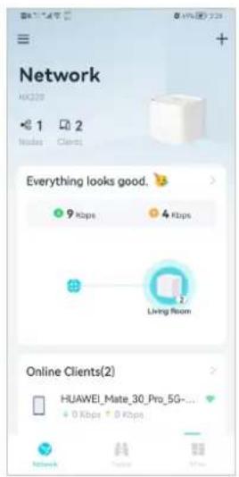 Network. HK228. 1 2. Node Clients. Everything looks good. 9 Kbps 4 Kbps. Living Room. Online Clients (2): HUAWEI_Mate_30_Pro_5G-... + 0 Kbps + 0 Kbps