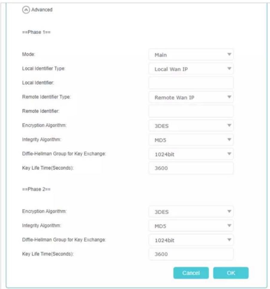 Advanced ==Phase 1== Mode: Main Local Identifier Type: Local WAN IP Local Identifier: Remote Identifier Type: Remote WAN IP Remote Identifier: Encryption Algorithm: 3DES Integrity Algorithm: MD5 Diffie-Hellman Group for Key Exchange: 1024-bit Key Life Time (Seconds): 3600 ==Phase 2== Encryption Algo…