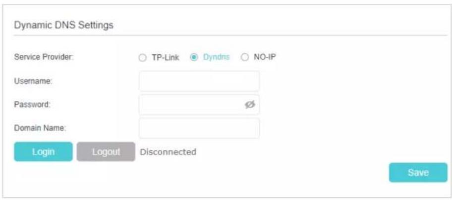 Dynamic DNS Settings Service Provider: ○ TP-Link ● Dyndns ○ NO-IP Username: Password: Domain Name: Login Logout Disconnected Save