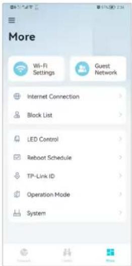 More Wi-Fi Settings Guest Network Internet Connection Block List LED Control Reboot Schedule TP-Link ID Operation Mode System