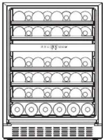 Line drawing of a multi-level refrigerator with circular compartments and ventilation grilles (no text or symbols)