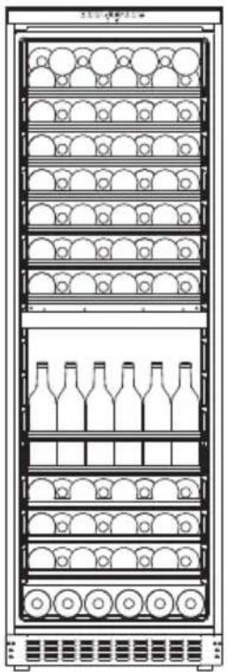 Front view of a multi-level refrigerator with multiple bottles and circular compartments (no text or labels visible)