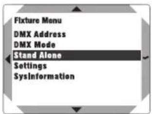 Fixture Menu DMX Address DMX Mode Stand Alone Settings SysInformation